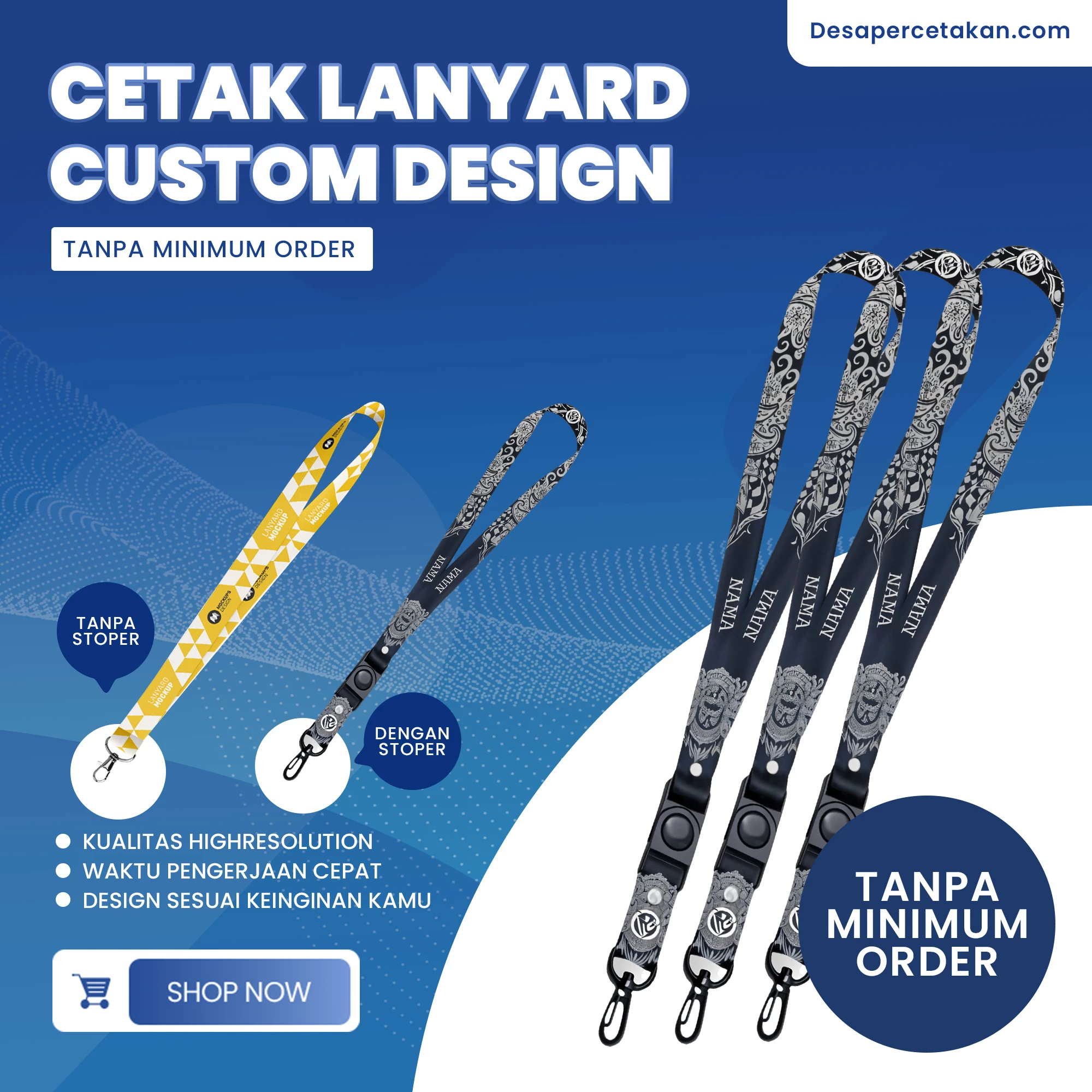 Cetak lanyard Custom | 1 Dan 2 Sisi | Tanpa Minimal Order