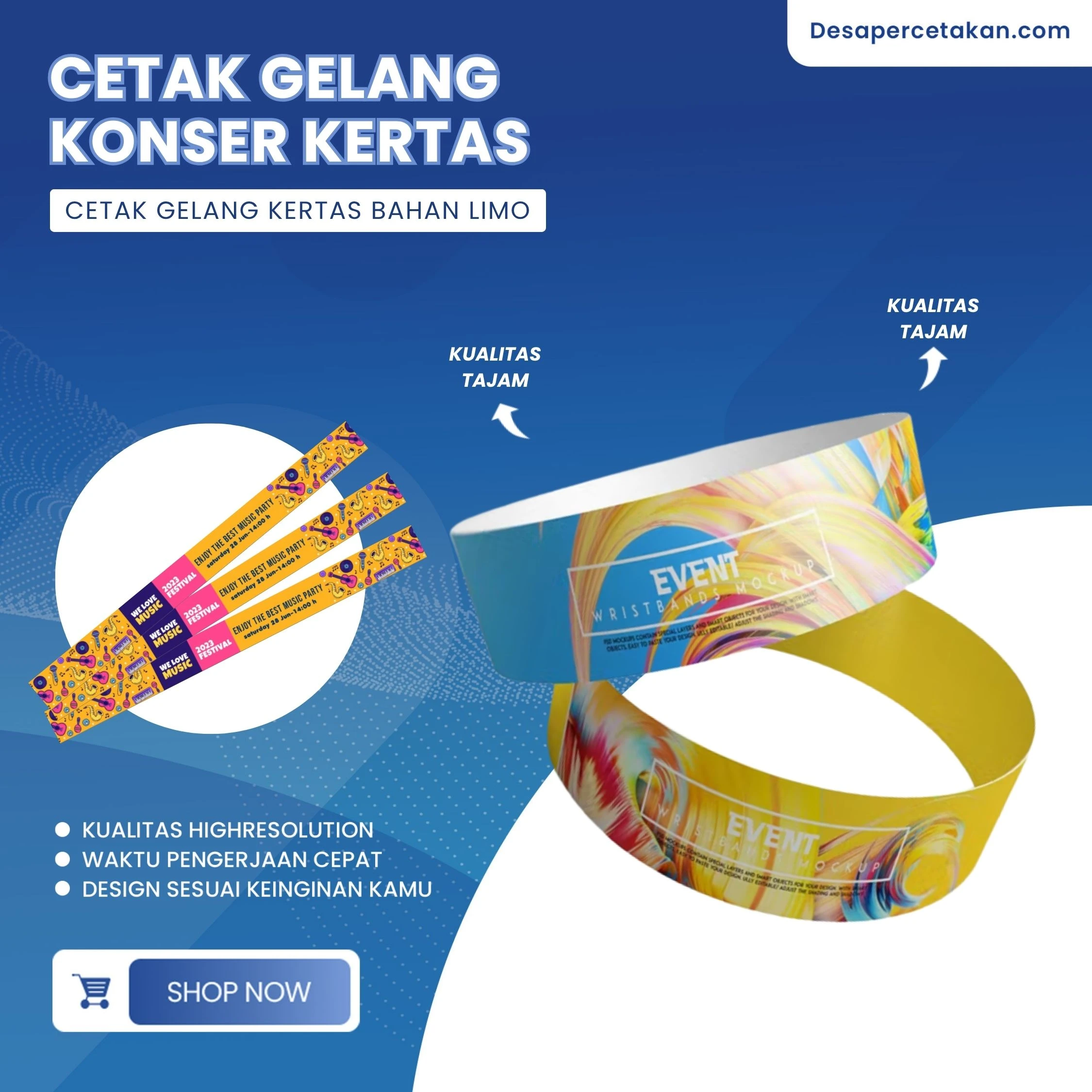 Cetak Gelang Kertas Bahan LMO (Anti Sobek) / Gelang Konser / Gelang Tiket / Wristband