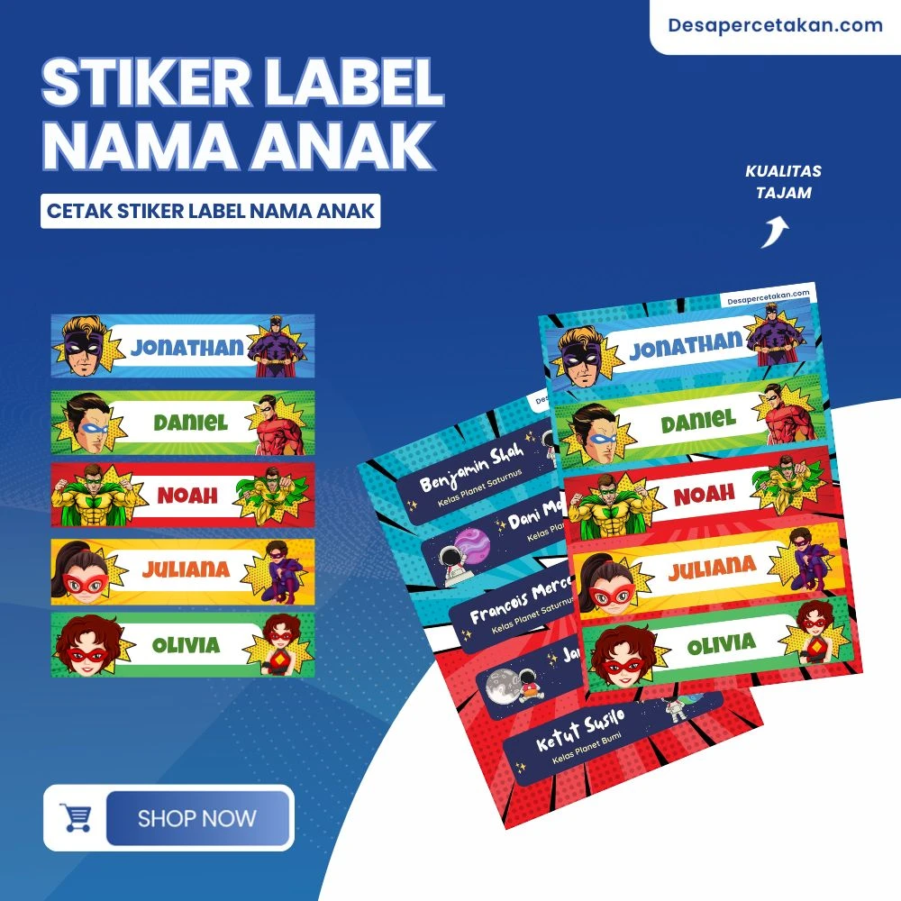 Stiker Label Nama Anak Uk 4x1 cm (90 pcs) – Waterproof, Lucu & Isi ± 90 pcs – Desa Percetakan