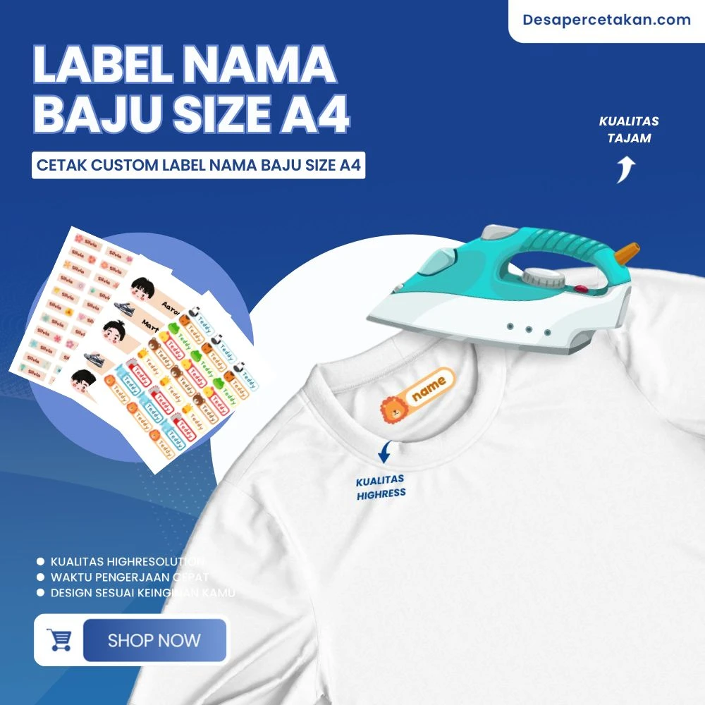 Cetak Custom Nama Label Untuk Di Baju Size A4 - Full Color Tinggal Setrika