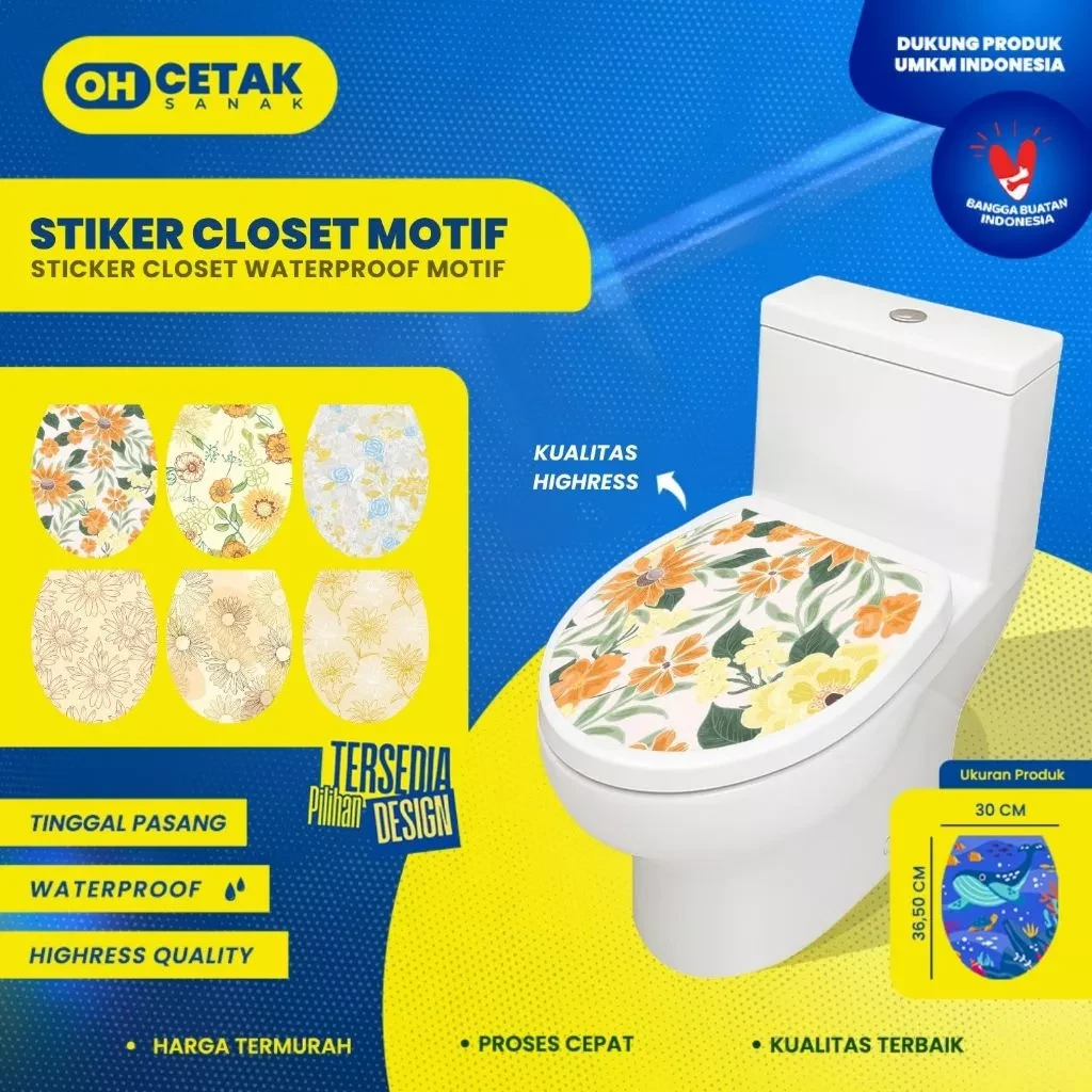 Stiker Toilet Closet Waterproof Flora | Stiker Kloset Siap Tempel | Sticker Kamar Mandi Anti Air Unik & Fungsional