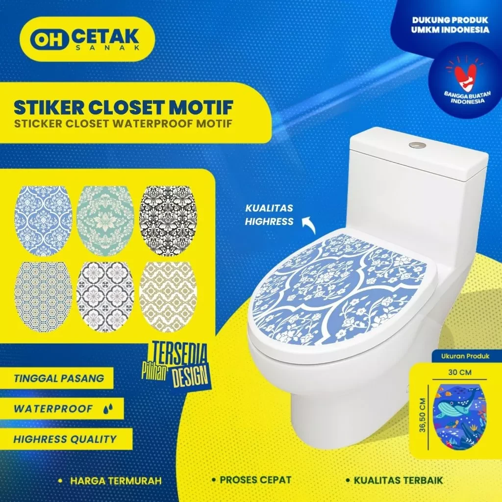 Stiker Toilet Closet Motif Decorative | Stiker Kloset Siap Tempel | Sticker Kamar Mandi Anti Air Unik & Fungsional