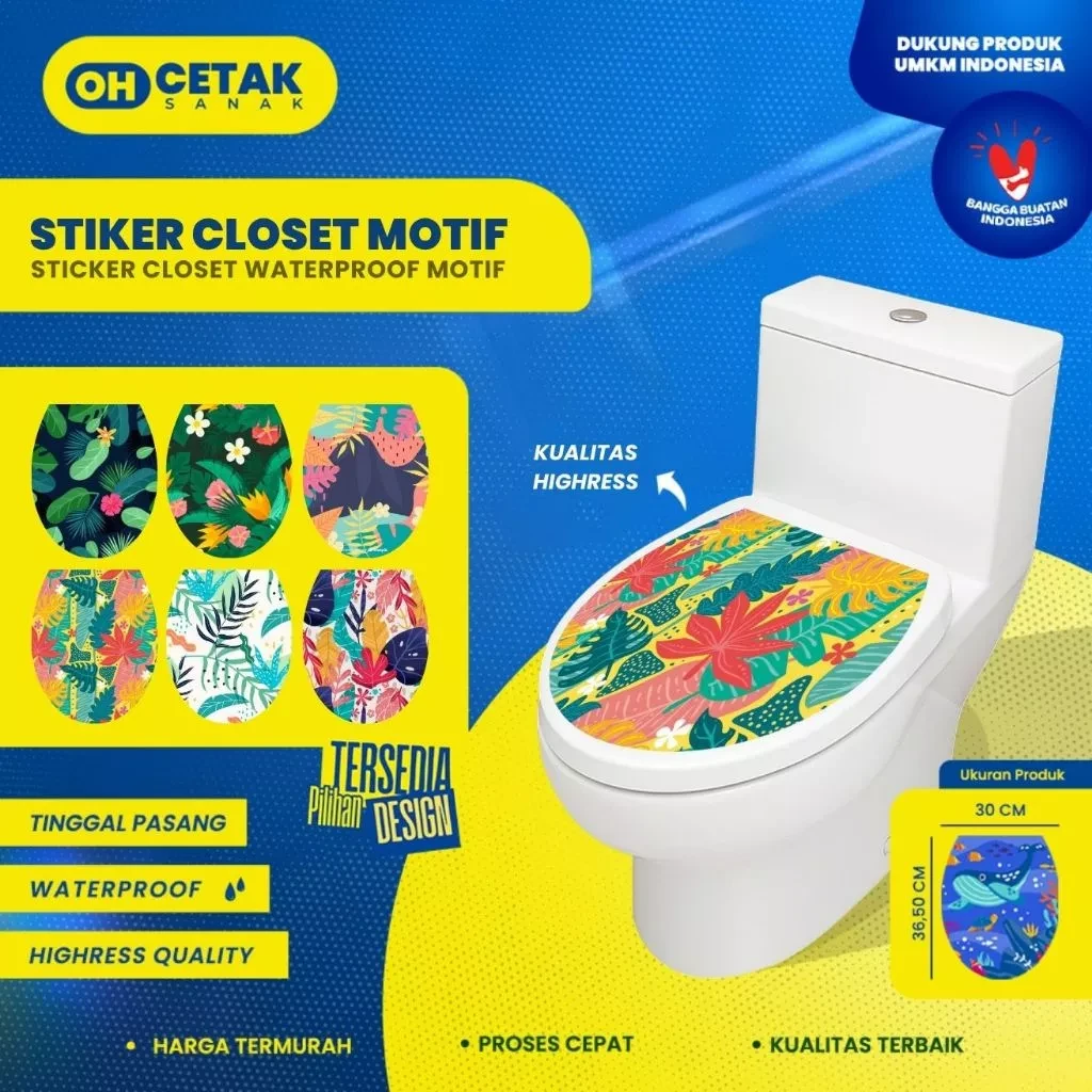 Stiker Toilet Closet Tropical Waterproof | Stiker Kloset Siap Tempel | Sticker Kamar Mandi Anti Air Unik & Fungsional