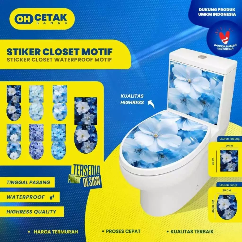 Stiker Toilet Closet [Sepasang] Blue Flowers Full Body | Stiker Kloset Full Siap Tempel | Sticker Closet Blue Flowers/ Sticker Closet Blue Flowers