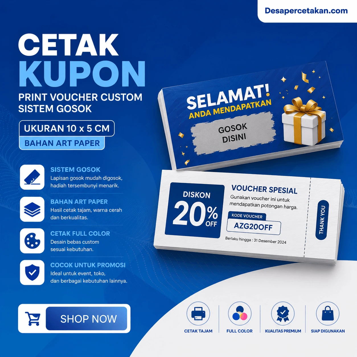 Cetak Kupon | Print Voucher Custom Sistem Gosok Ukuran 10 x 5 Cm Bahan Art Paper