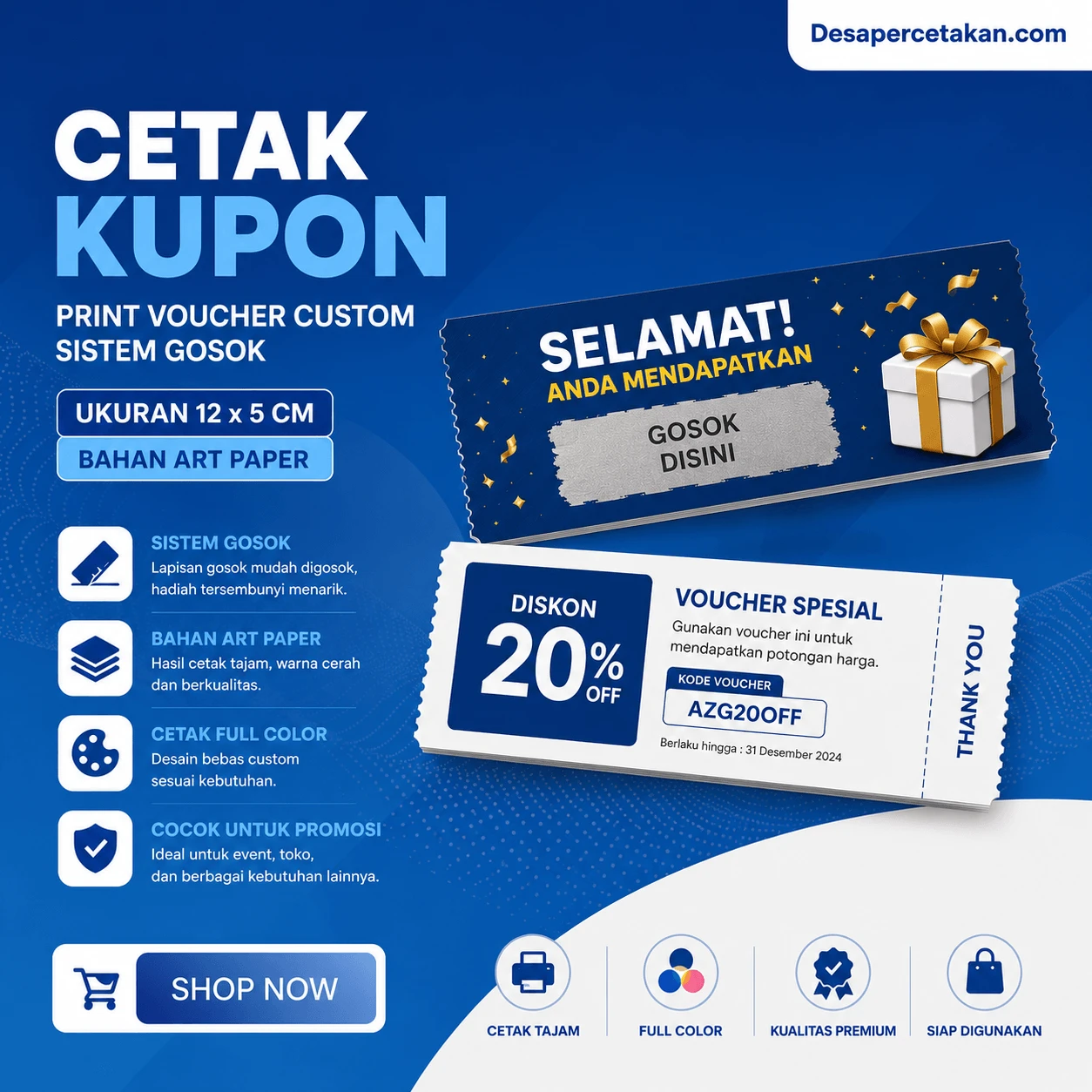 Cetak Kupon | Print Voucher Custom Sistem Gosok Ukuran 12 x 5 Cm Bahan Art Paper